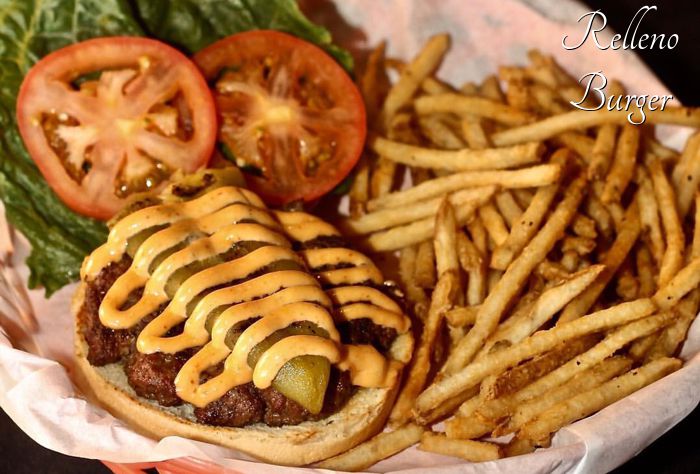 Relleno Burger on Restaurant Menu at Three Sisters Tavern and Grill